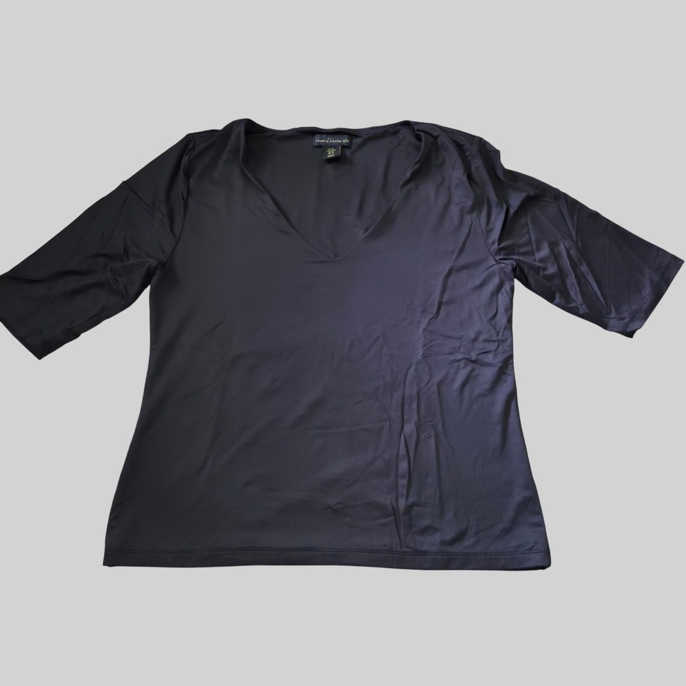 House of Harlow 1960 Womens XL Black V-Neck Elbow Sleeve Top Minimalist Office